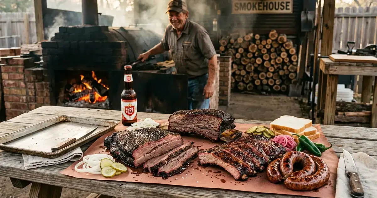 Texas barbecue trail feast with smoked beef brisket, beef ribs, pork ribs, and sausage on butcher paper at a rustic smokehouse