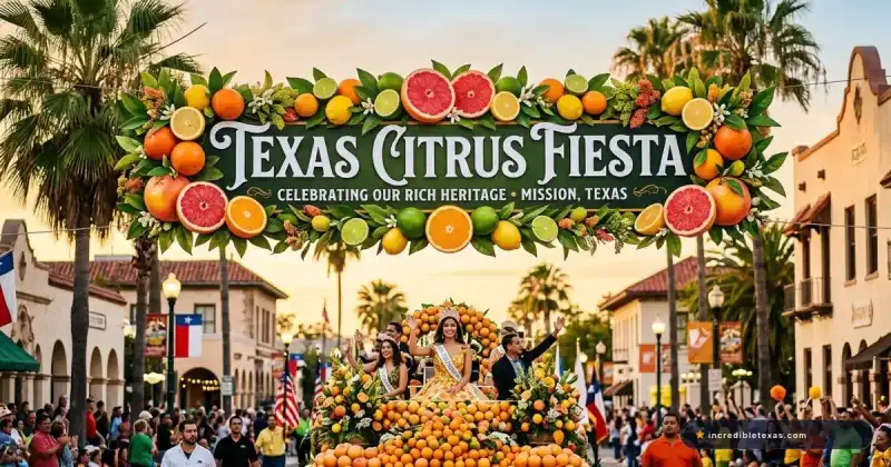 Decorative botanical archway with Texas Citrus Fiesta banner and colorful parade float in Mission