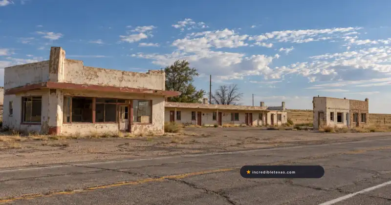 Weathered roadside buildings in the Glenrio Historic District on Texas Route 66