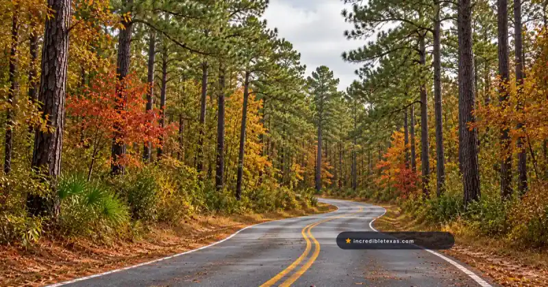 Autumn road through tall East Texas pines with scattered golden hardwood leaves