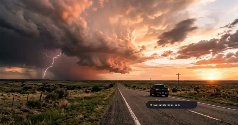 Dramatic supercell thunderstorm and lightning illumination over a West Texas highway at sunset
