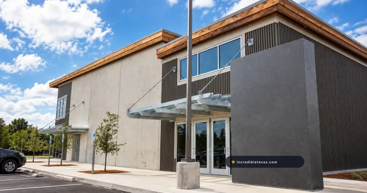 Austin Stone Community Church St. John campus in Austin, with its deep entry canopy and modern concrete facade