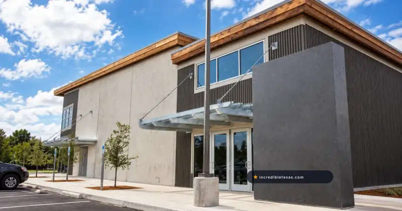 Austin Stone Community Church St. John campus in Austin, with its deep entry canopy and modern concrete facade