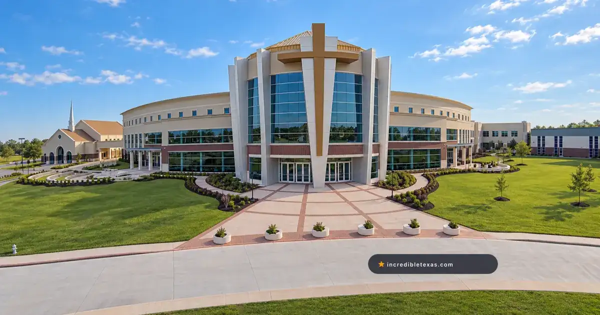 The Church Without Walls Queenston campus in Houston, with its curved glass facade and cross-shaped central feature