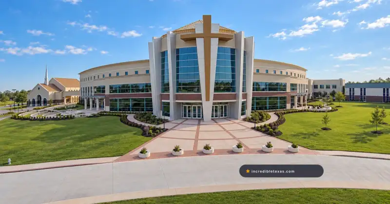 The Church Without Walls Queenston campus in Houston, with its curved glass facade and cross-shaped central feature