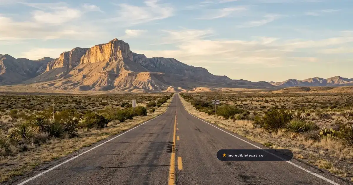 Straight two-lane highway stretches across the West Texas desert toward the towering limestone cliffs of El Capitan