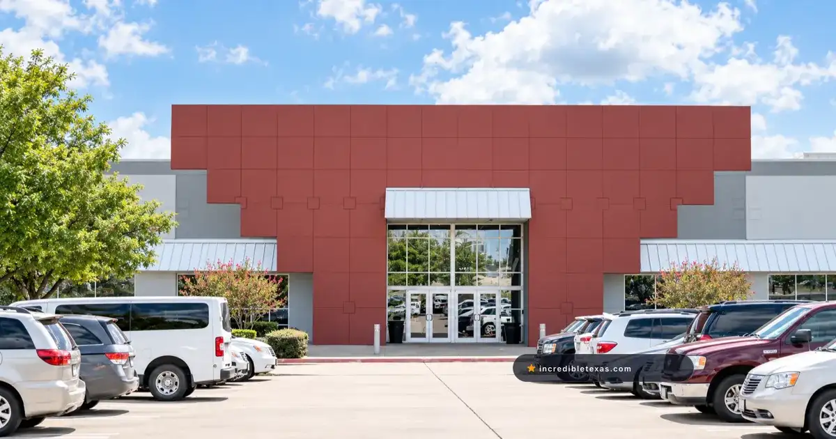 Watermark Community Church in Dallas, with its stepped red facade and glass entrance on LBJ Freeway