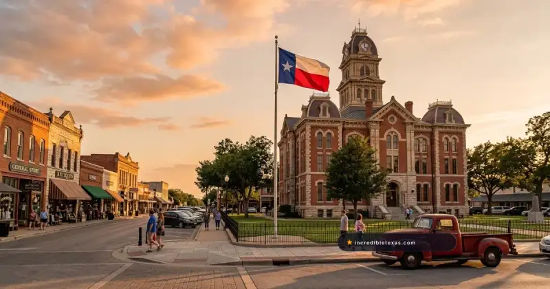 Historic Texas town square and county courthouse at sunset with a Texas flag flying in the evening breeze