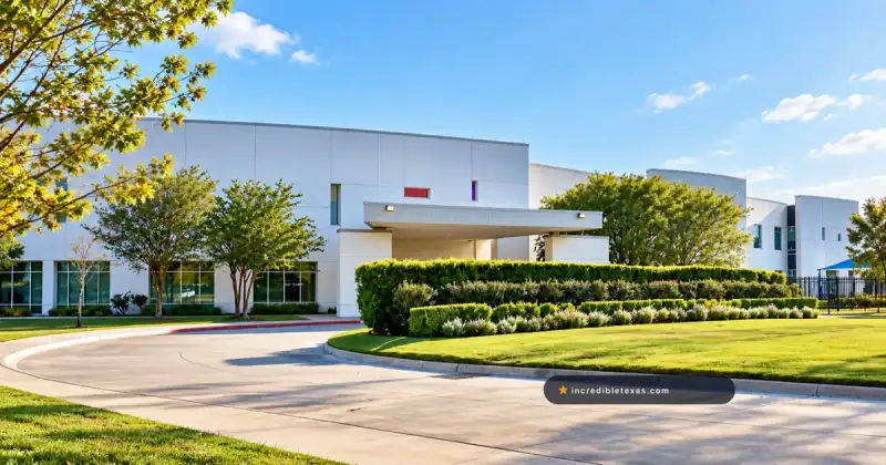 Windsor Village KBC campus in Houston, with its white community-center facade, covered entrance, and landscaped drive