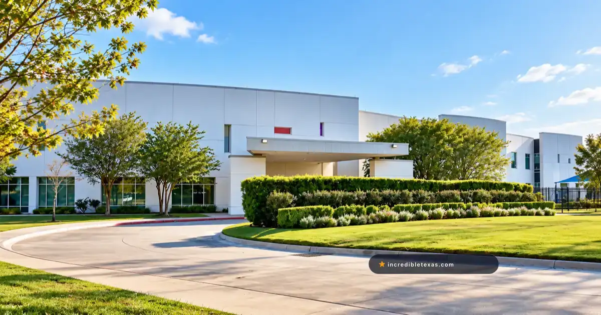 Windsor Village KBC campus in Houston, with its white community-center facade, covered entrance, and landscaped drive