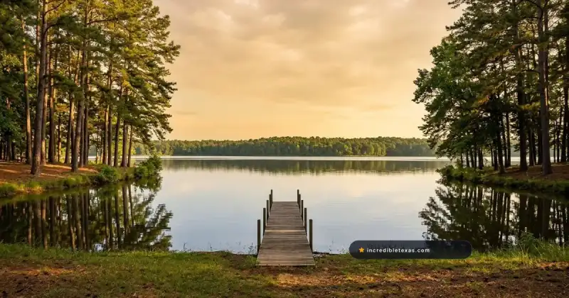 Tall loblolly pines and calm shoreline waters along Wright Patman Lake in the East Texas Piney Woods near Texarkana