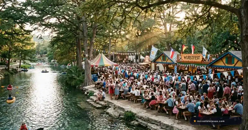 Festival attendees in Bavarian Tracht enjoying food and drinks along the shaded limestone banks of the Comal River at Wurstfest in New Braunfels