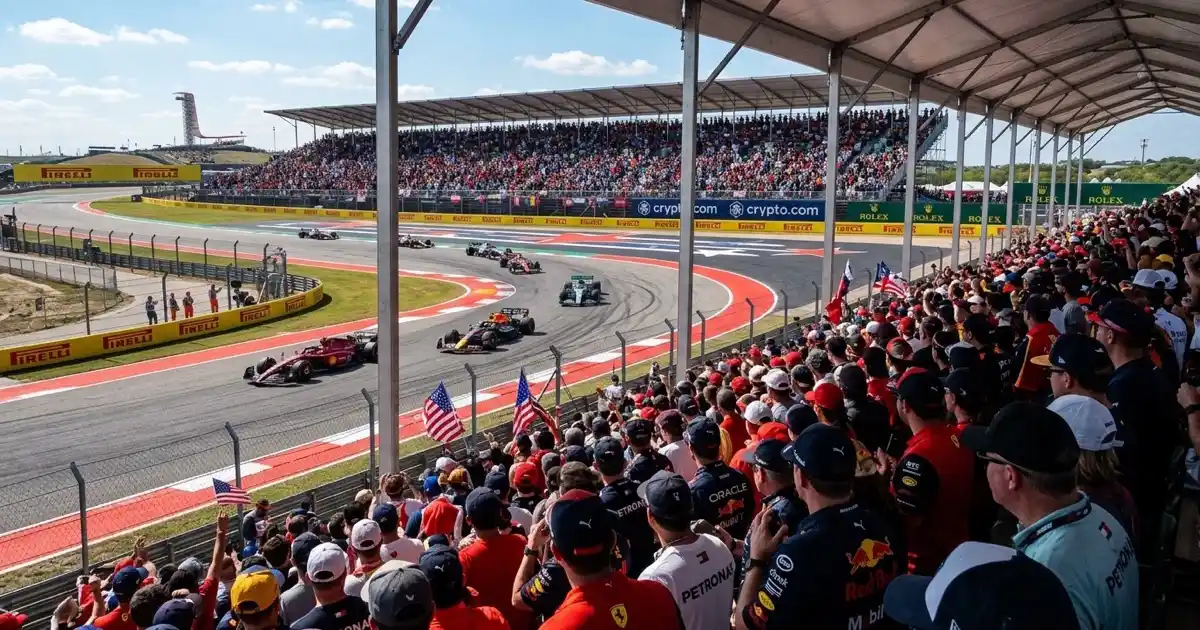 Packed covered grandstand structure at Turn 12 during Formula 1 race weekend at Circuit of the Americas in Austin