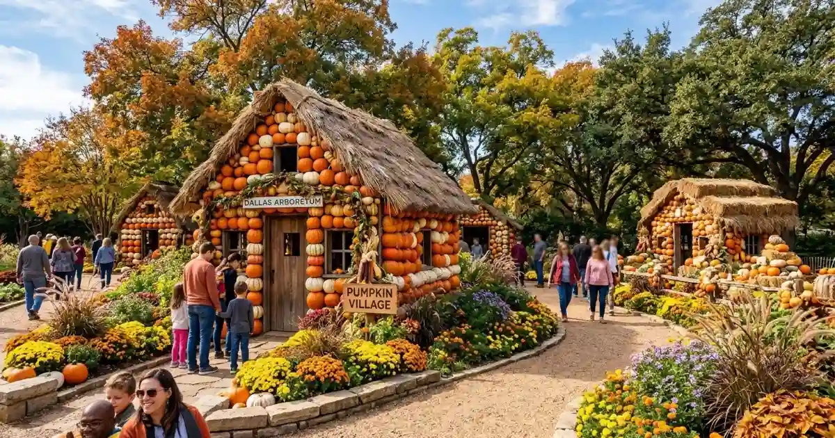 Elaborate pumpkin houses and autumn marigolds at the Dallas Arboretum Pumpkin Village