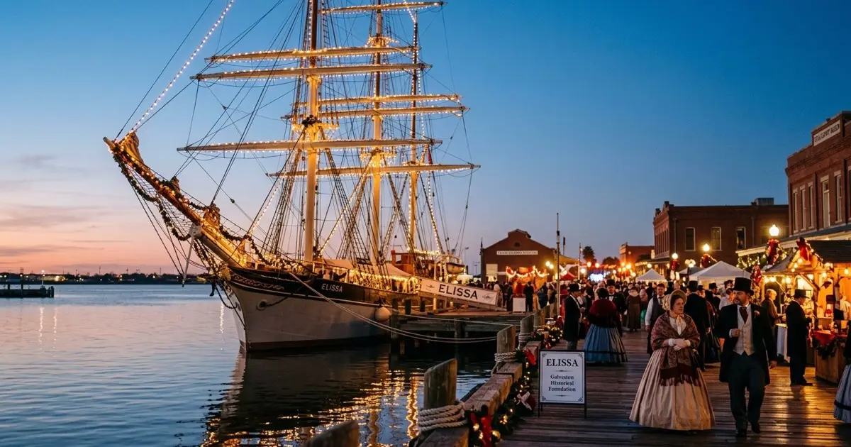 The historic 1877 tall ship ELISSA illuminated at Galveston Historic Seaport during Dickens on The Strand evening festivities