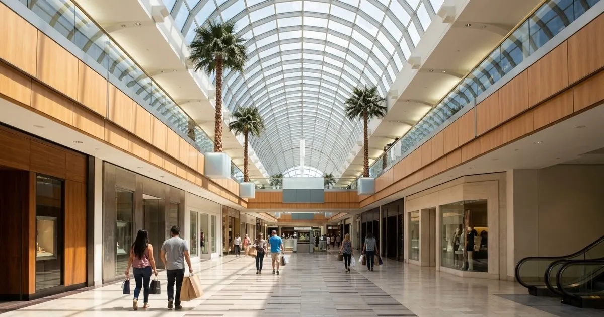 Multi-level indoor shopping concourses and palm trees under the glass barrel-vault ceiling at Galleria Dallas