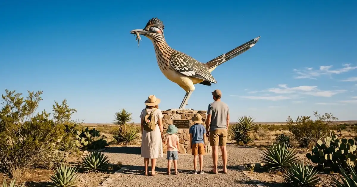 Visitors admiring the iconic 11-foot-tall Paisano Pete roadrunner statue in Fort Stockton