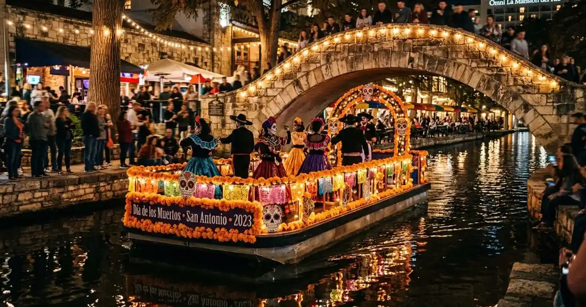 Illuminated Day of the Dead River Parade barge on the San Antonio River Walk passing under a historic stone bridge at night