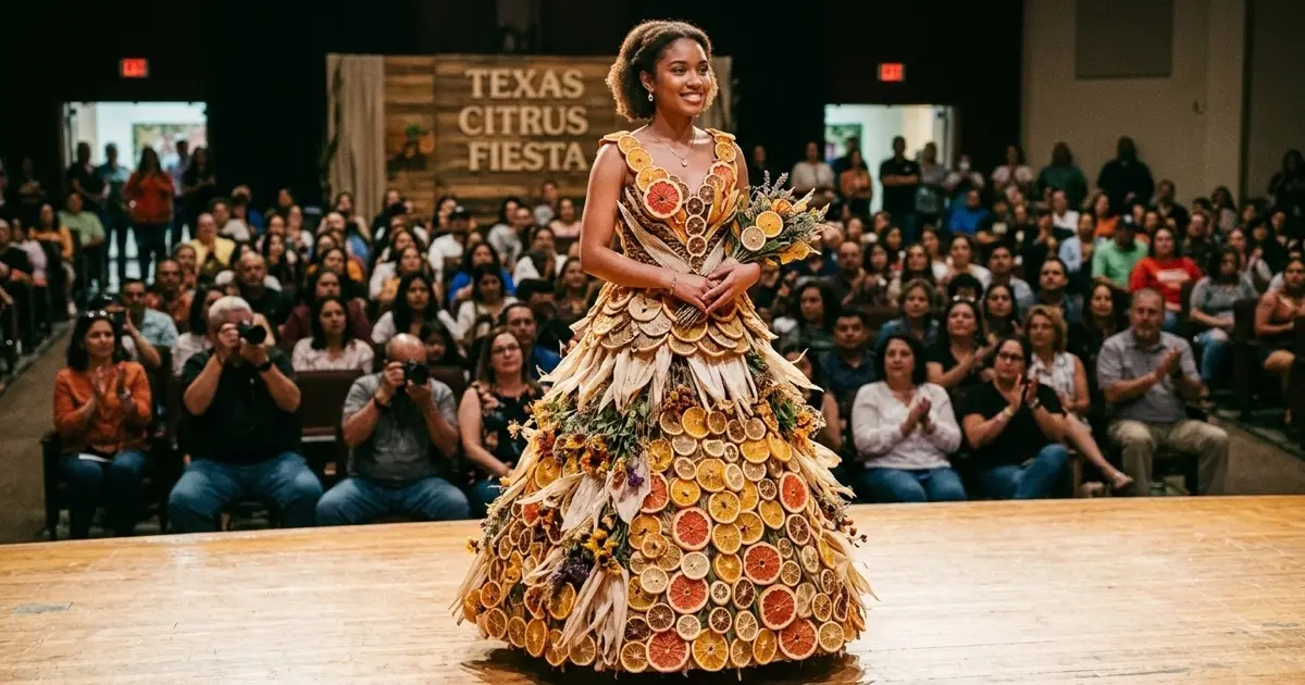 Model presenting an intricate couture gown constructed from dried citrus slices and native plant materials at the Texas Citrus Fiesta