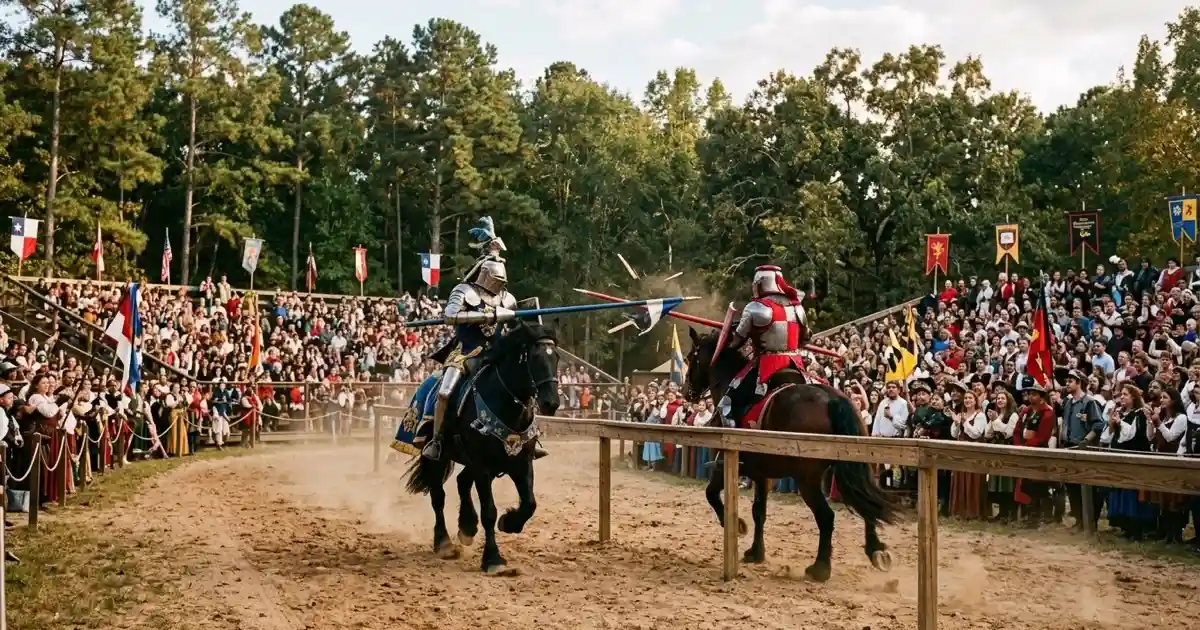 Armored knights on horseback charging with lances during a jousting tournament at the Texas Renaissance Festival