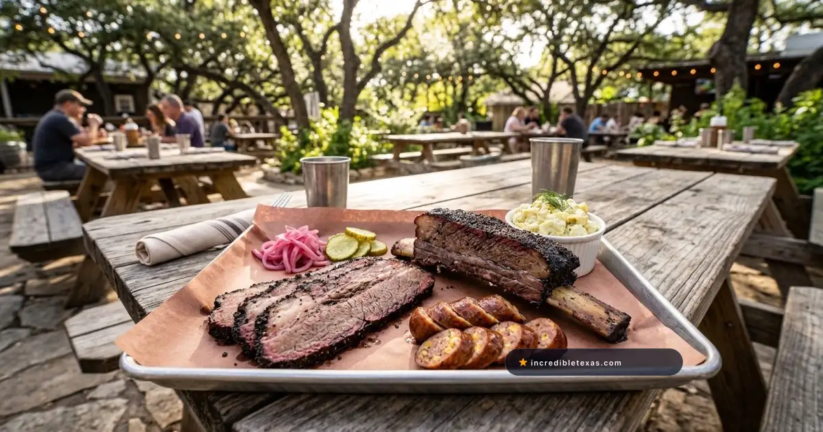 Smoked brisket platter with beef rib and sausages at an outdoor Austin craft barbecue patio