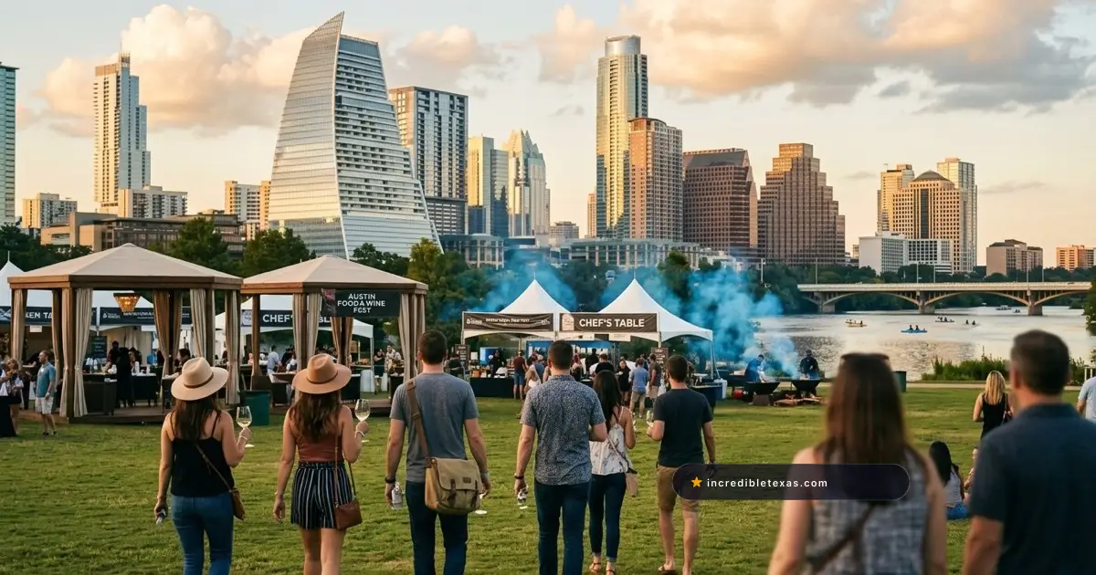 Outdoor tasting pavilions and chef grilling stations at the Austin Food and Wine Festival on Auditorium Shores with city skyline