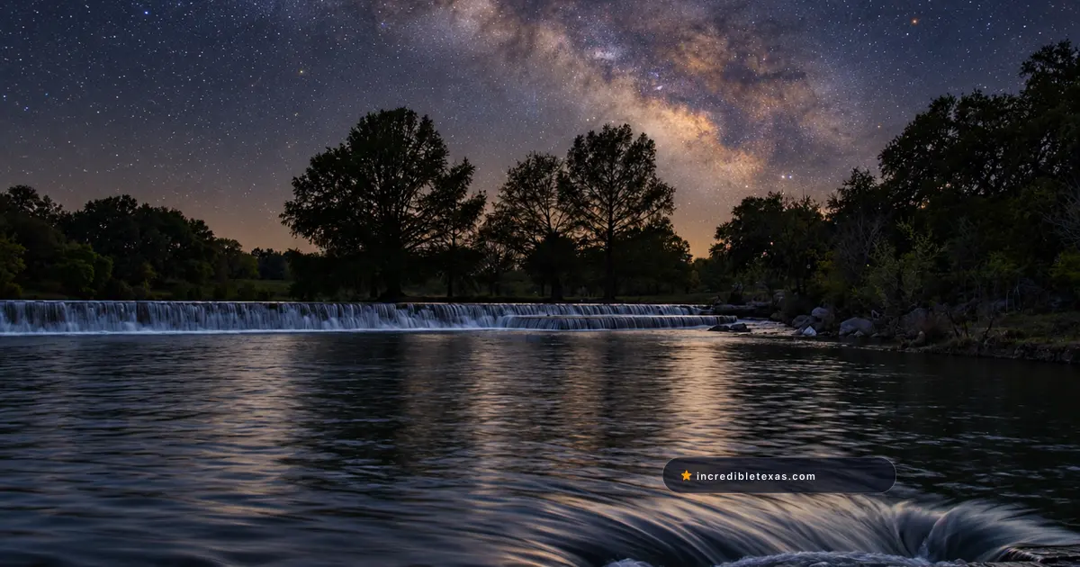 Falls Dam across the Blanco River beneath the Milky Way at Blanco State Park in the Texas Hill Country