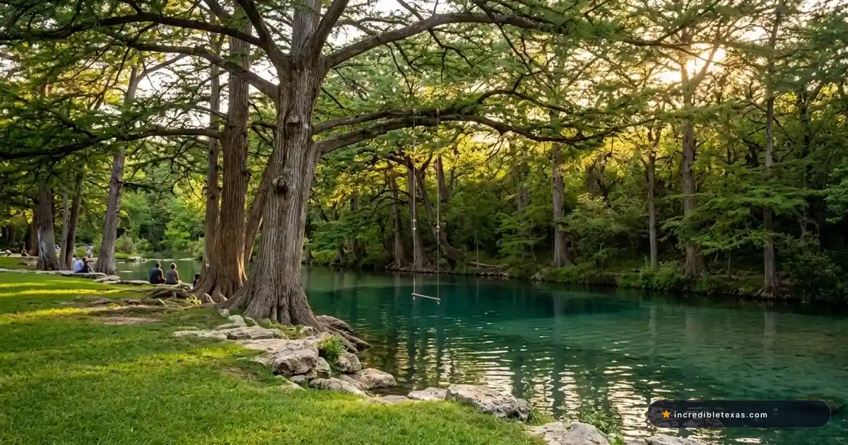 Turquoise spring waters of Cypress Creek shaded by historic bald cypress trees and rope swing in Wimberley Texas