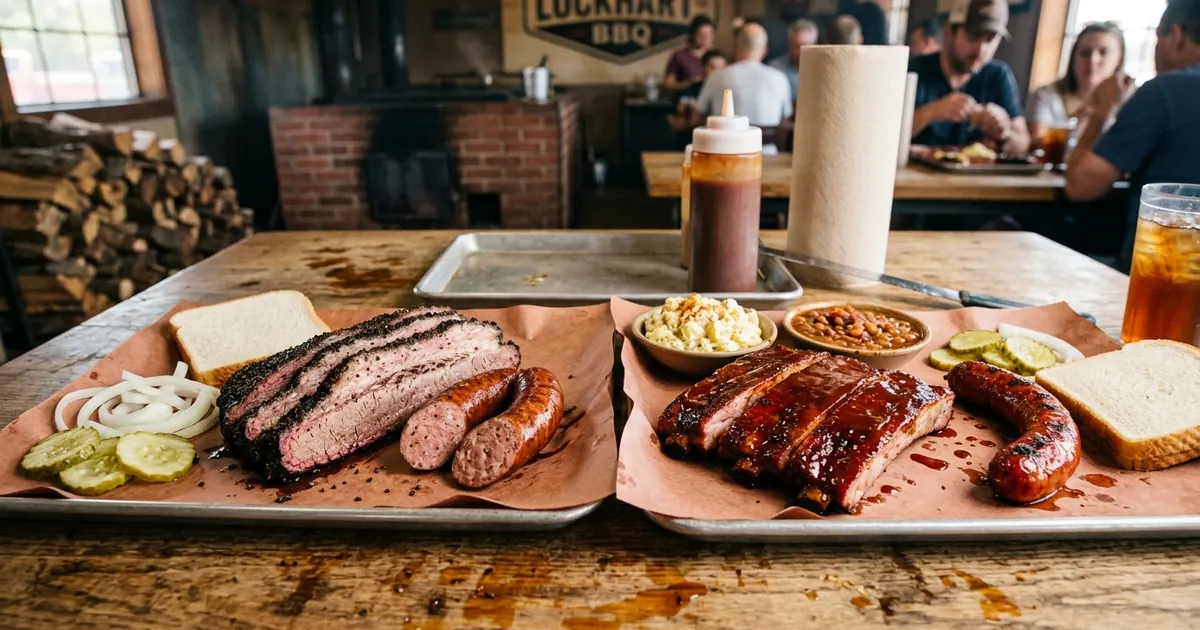 Texas barbecue comparison platter showing Central Texas smoked beef brisket and East Texas glazed ribs on wooden smokehouse table