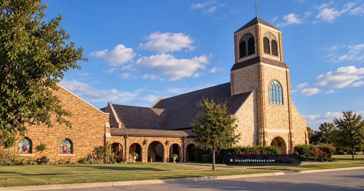 Church of the Holy Communion Cathedral in Dallas, with its bell tower, brick arcade, and stained-glass windows