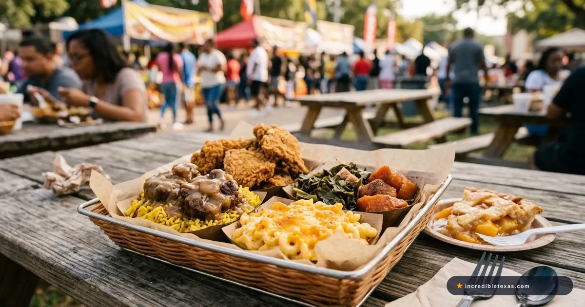 Platter of Southern comfort specialties including fried chicken oxtails mac and cheese collard greens and peach cobbler at Dallas festival