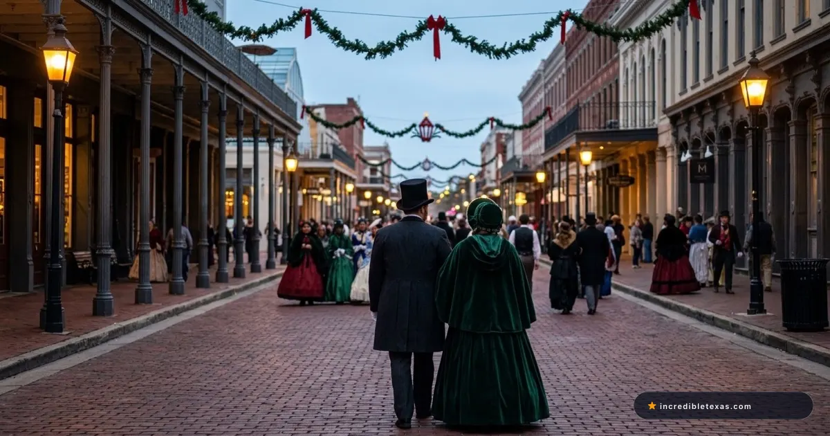 A Victorian couple in top hat and dark green velvet cloak walking down the brick-paved Strand District under holiday garlands during Dickens on The Strand in Galveston