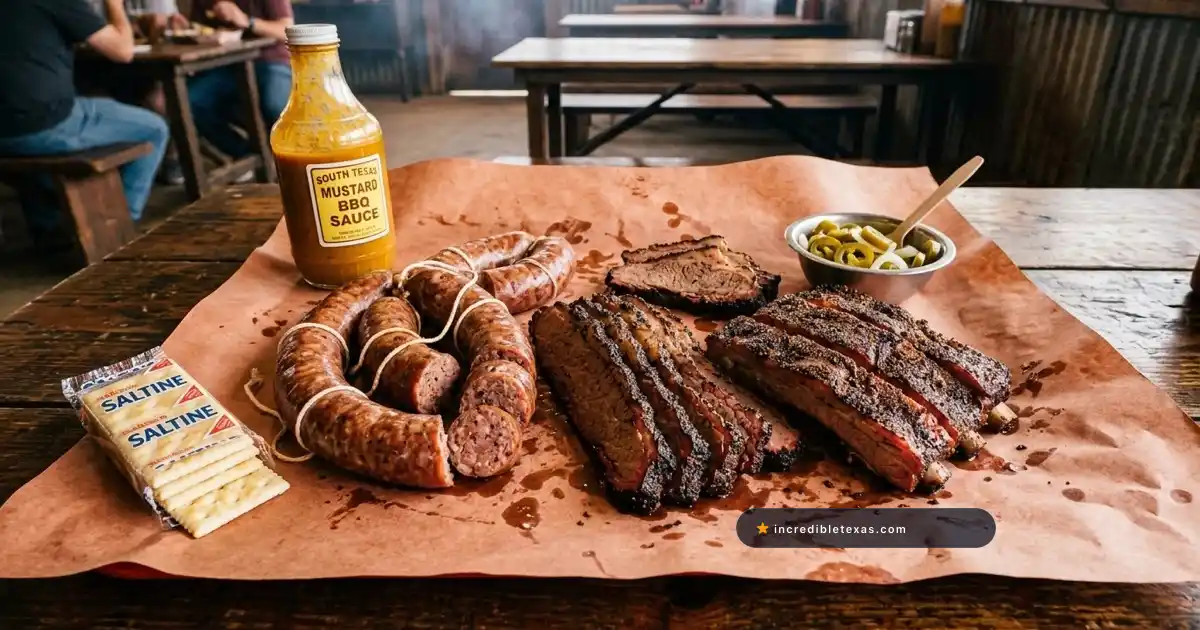 Post oak smoked sausage rings brisket slices and mustard sauce on butcher paper at Luling City Market