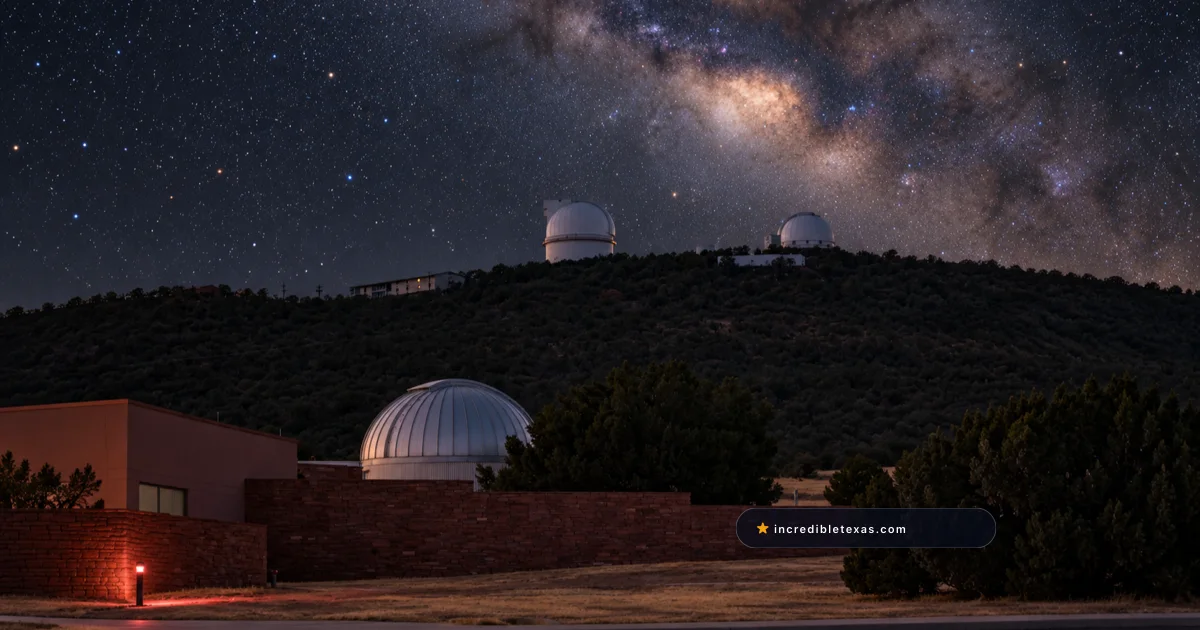 Telescope domes at McDonald Observatory on a dark West Texas ridge above the visitor center