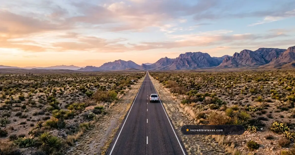 Asphalt highway stretching across open desert plains toward distant mountain peaks in West Texas