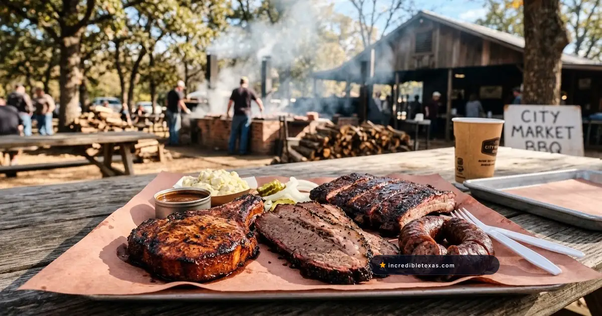 Direct heat mopped pork steak brisket slices and sausage on butcher paper at Snow's BBQ in Lexington