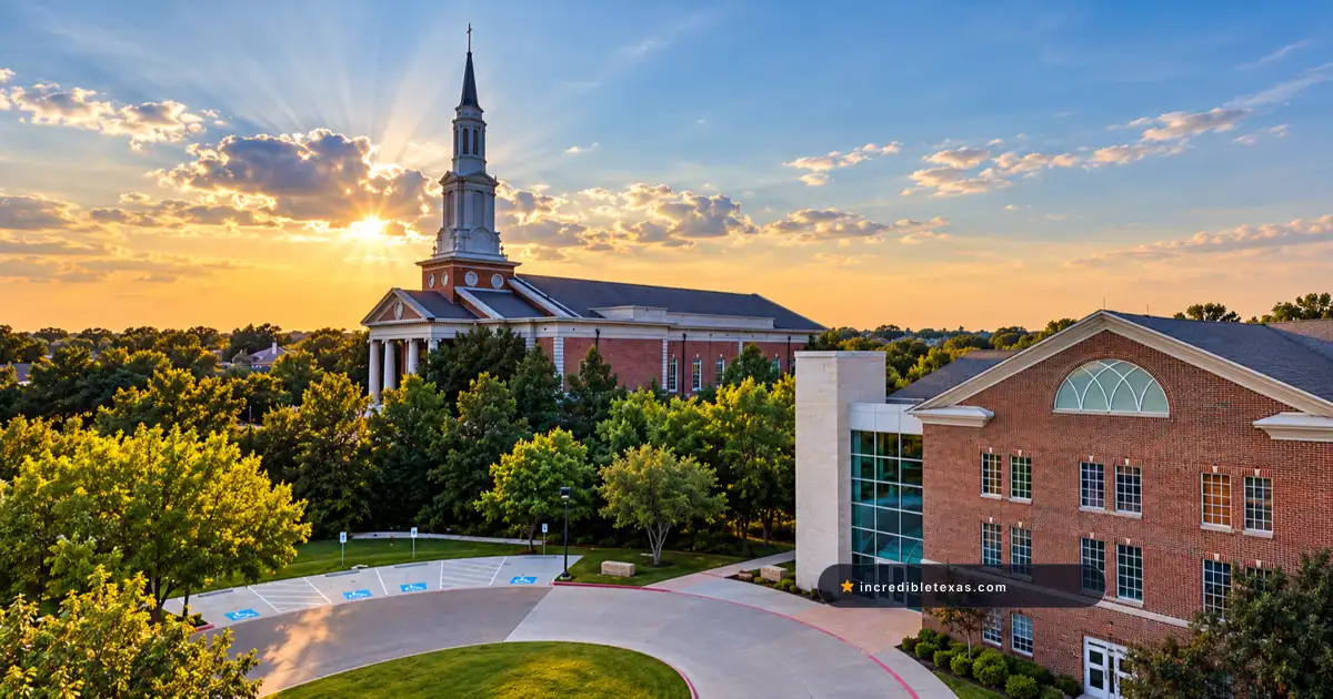 St. Andrew Methodist Church in Plano, with its white steeple above a red-brick sanctuary and adjoining ministry building