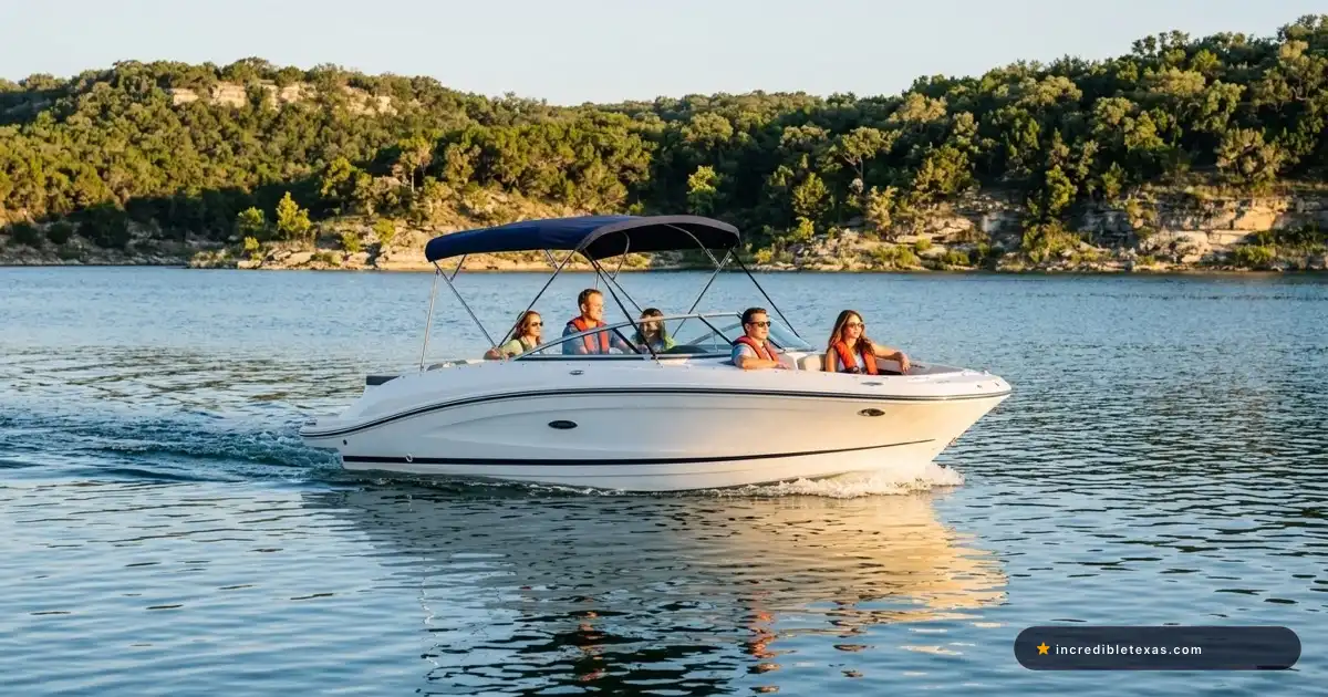 Motorboat cruising across Lake Travis in Texas with safety gear and life jackets during golden hour
