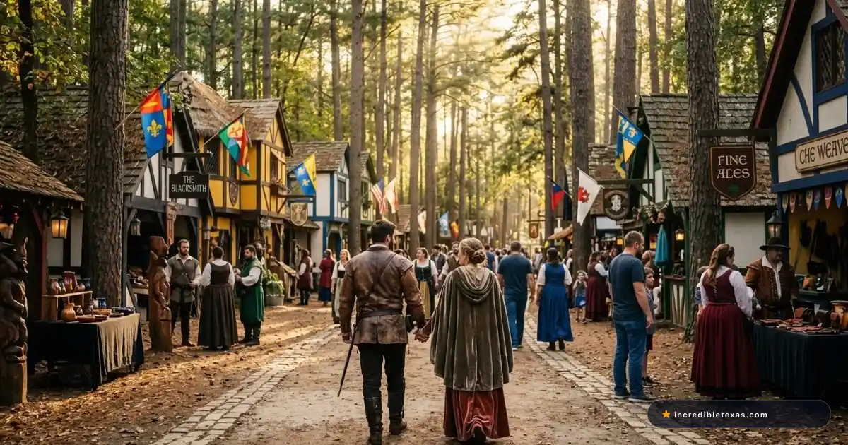 A costumed couple seen from behind walking hand-in-hand along a pine-shaded dirt path through the 16th-century Tudor village shops at the Texas Renaissance Festival in Todd Mission