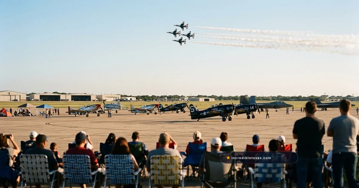 USAF Thunderbirds demonstration jets flying in formation over Ellington Airport flightline