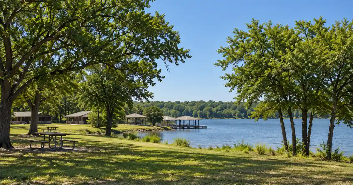 Shaded picnic area and low wooded shoreline along the lake at Bonham State Park