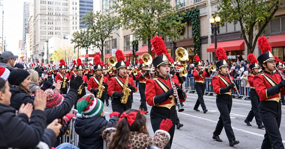 Marching band plays along Commerce Street as spectators watch the Dallas Holiday Parade.
