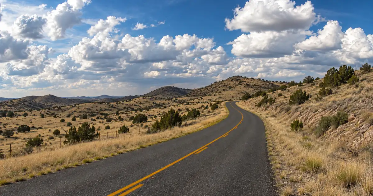 A paved mountain road climbs through open high-country grassland in the Davis Mountains.
