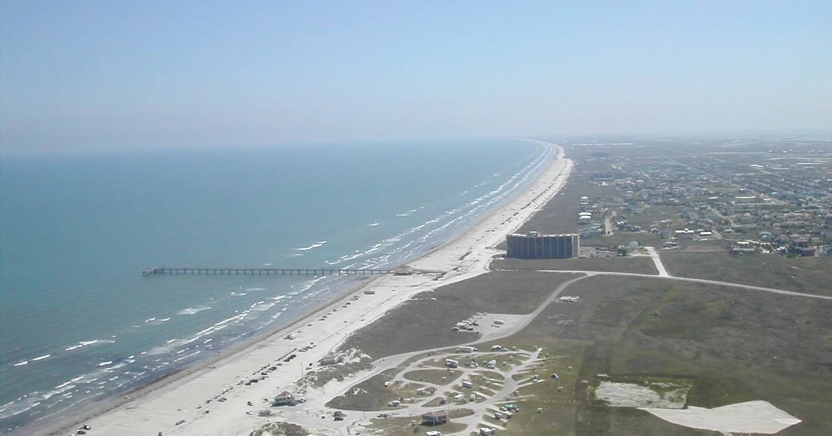 Aerial view of the Port Aransas and Mustang Island Gulf shoreline