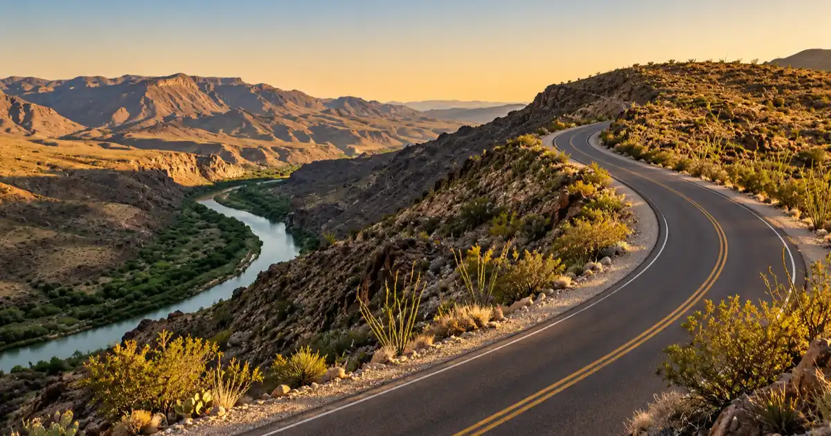 FM 170 climbs through rocky Chihuahuan Desert hills in Big Bend Ranch State Park.