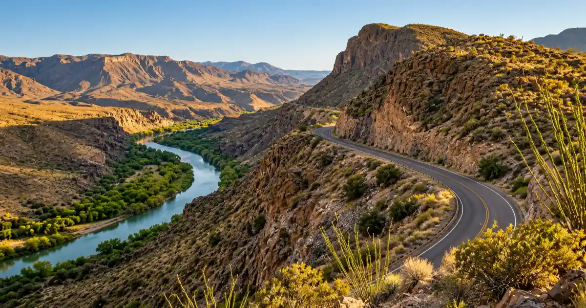 The Rio Grande’s green river corridor contrasts with the dry hills near FM 170.
