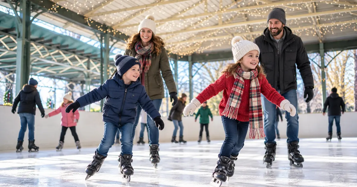 Families skate under string lights at Eisbahn in Fredericksburg's covered Marktplatz pavilion.