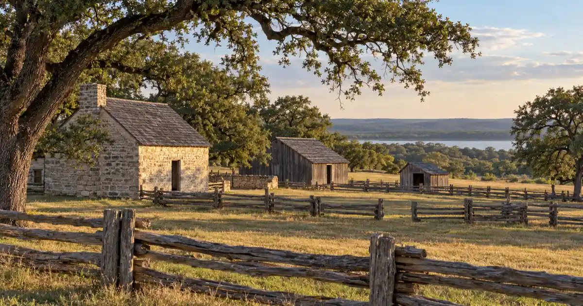 Historic farm buildings and rail fencing at Penn Farm in Cedar Hill State Park, Texas