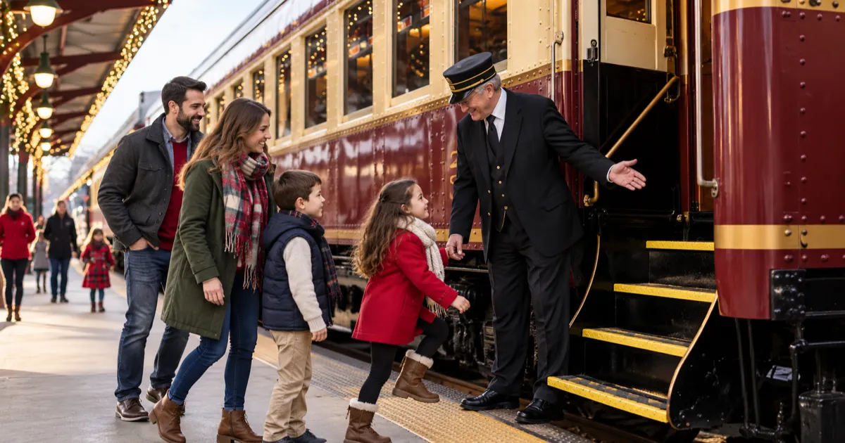 Families board a maroon-and-cream Grapevine Vintage Railroad coach for the North Pole Express.