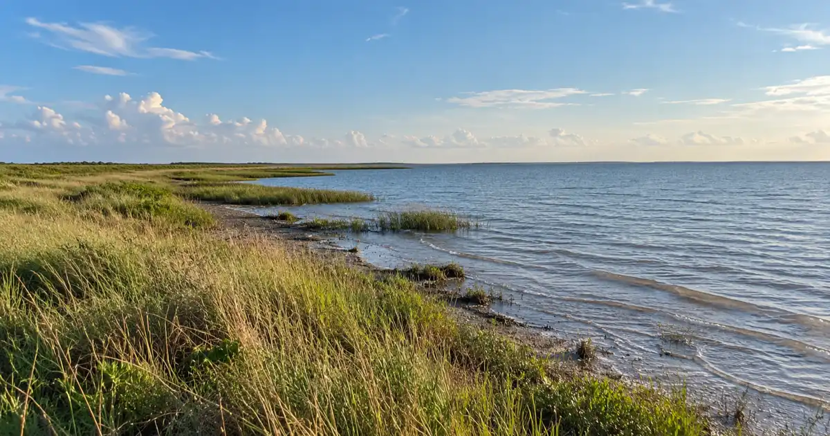 Grassy Matagorda Bay shoreline beside the former Indianola townsite on the Texas coast